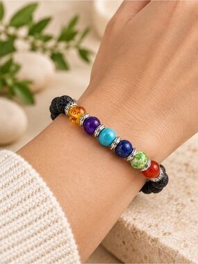 New 7 Chakra Lava Stone Stretch Bracelet with Silver-Tone Spacers – 8”